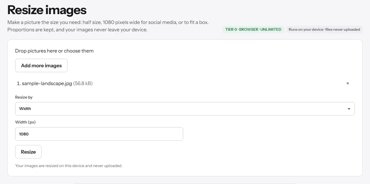 Resize image tool with a sample photo, Width selected and set to 1080 pixels
