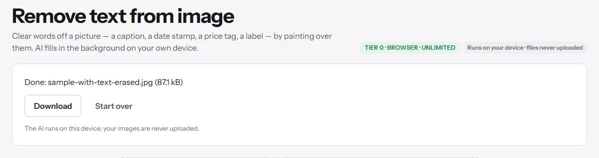 Remove text from image: the finished file with a Download button