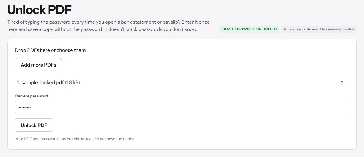 Unlock PDF with a sample protected PDF added and the password typed