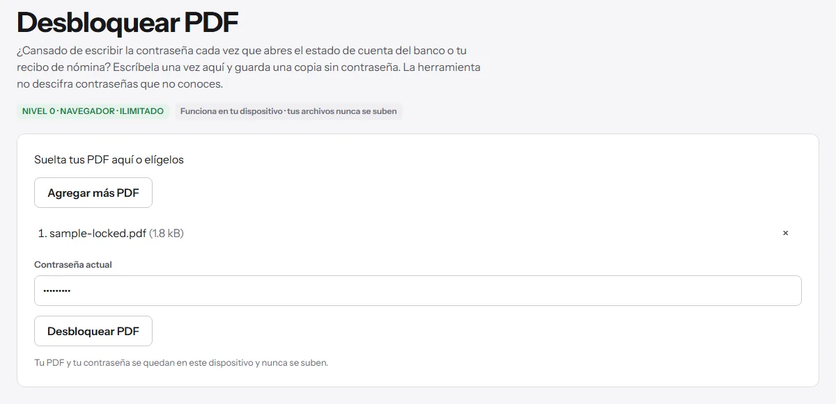 Desbloquear PDF con un PDF de ejemplo protegido y la contraseña escrita