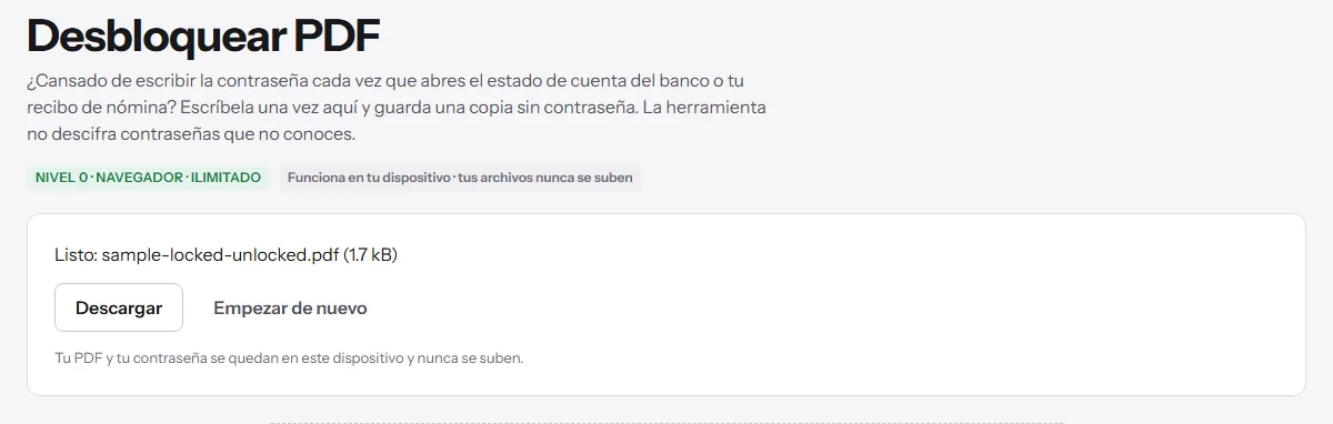 Resultado de Desbloquear PDF: la copia sin contraseña lista para descargar