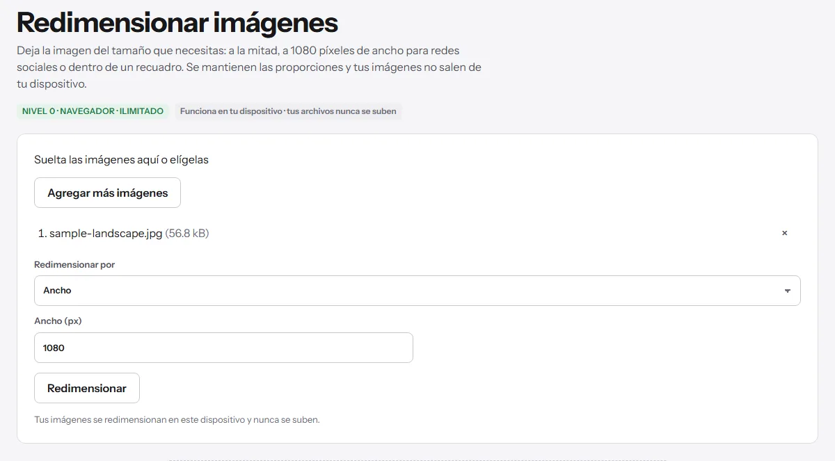 Herramienta Redimensionar imagen con una foto de ejemplo, Ancho seleccionado en 1080 píxeles