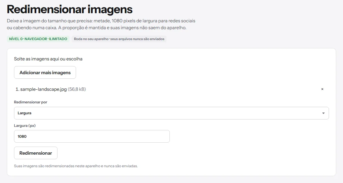 Ferramenta Redimensionar imagem com uma foto de exemplo, Largura selecionada em 1080 pixels